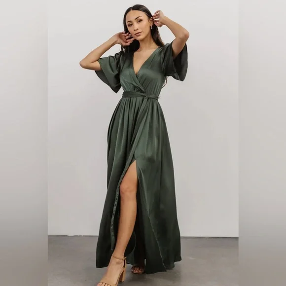 Dresses | Dusty Green Satin Fauxwrap Maxi Dress | Poshmark